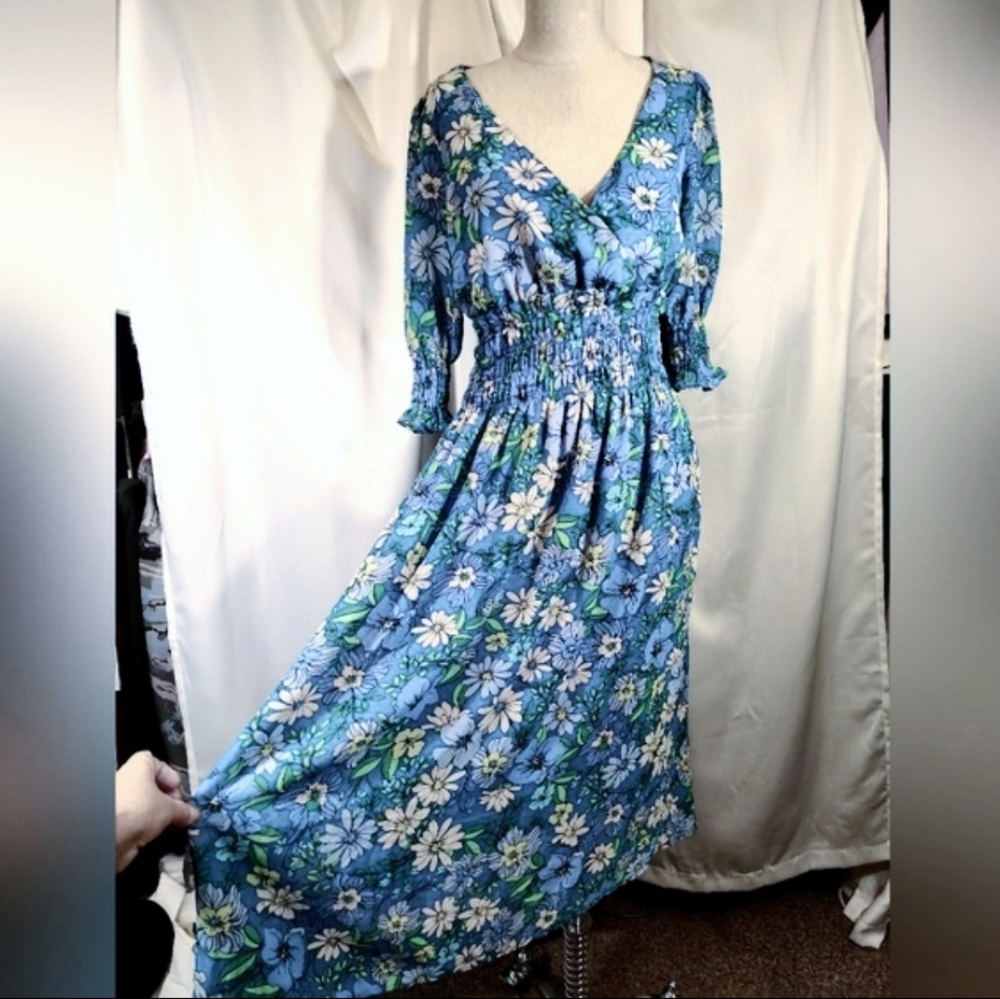 Lush Bohemian Midi Dress, Nordrom, V-neck Blue+Green Floral, 3/4 Sleeve, S